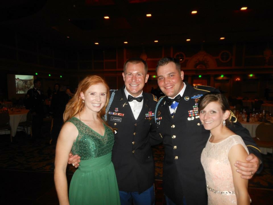 Tyler and his wife Amanda attending a 1/327 Infantry Regiment deployment ball with 1LT Bryan Lagasse and his wife Leah, while assigned to the 101st ABN in 2013.