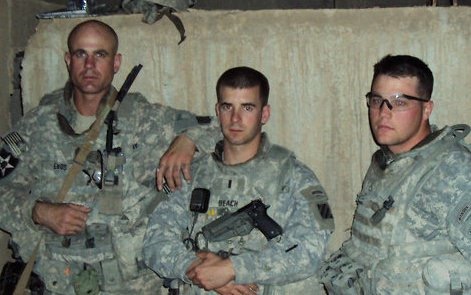 Tyler with fellow Squad Leader SSG Enos and Platoon Leader 1LT Beach in Baghdad, Iraq in 2009.