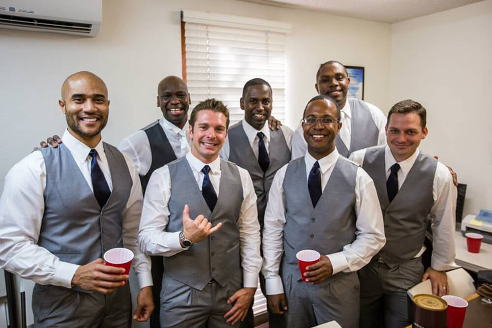 Groomsman photo at the church prior to his wedding.  Kenji, Glenn, Corey, Soumongue, Louis, Cory and Keith