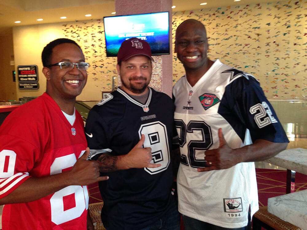 Keith with Louis and Glenn watching the cowboys game together at the hotel two months after coming back from Hawaii