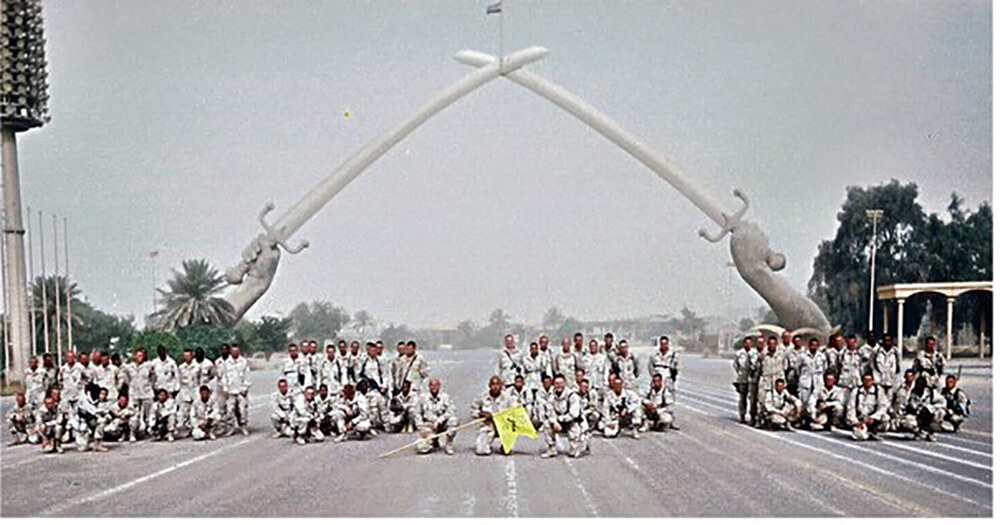 Photo of his Company in Iraq 2003 at the “cross Sabres.”Cobra Company 2nd Battalion 70th Armor